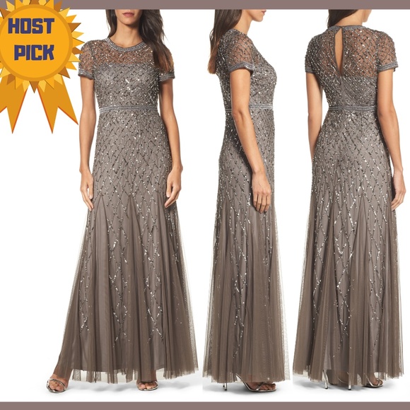 New‎ Adrianna Papell beaded short sleeve mesh gown - Picture 1 of 15